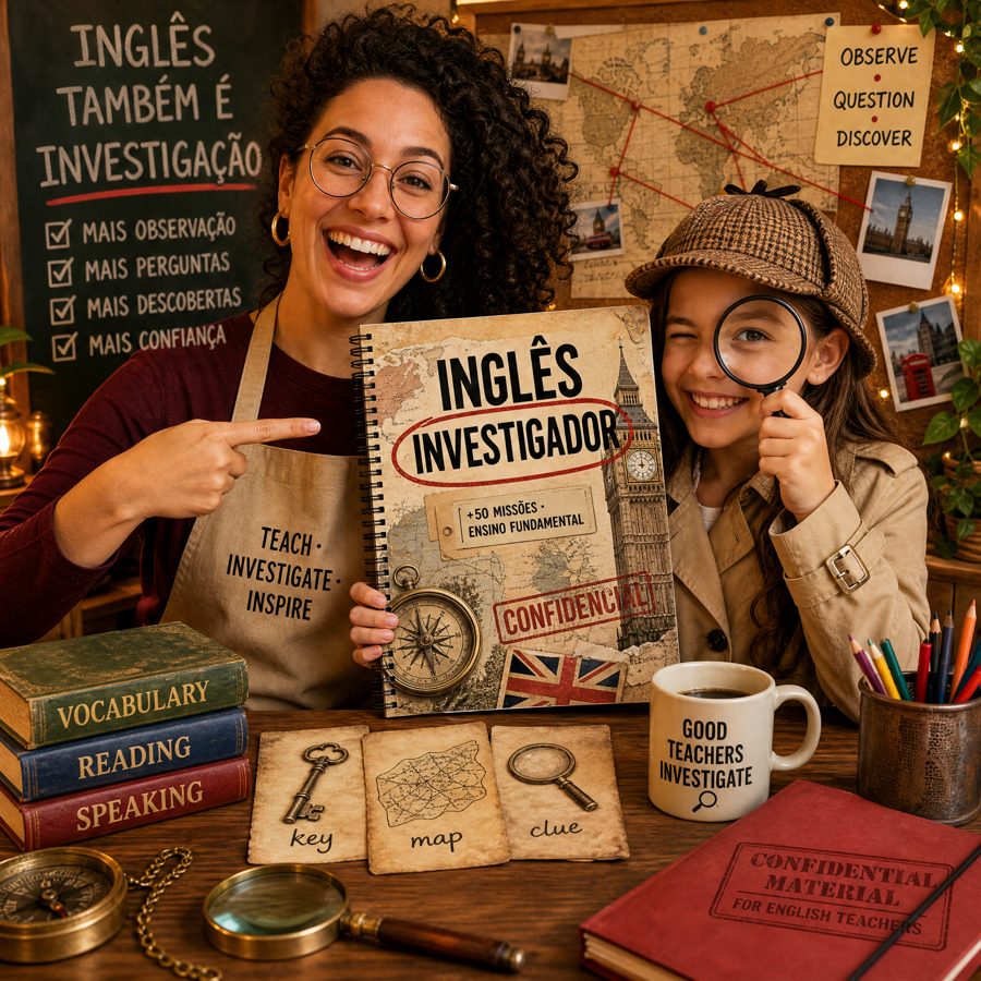 Professora e aluna detetive segurando a apostila Inglês Investigador