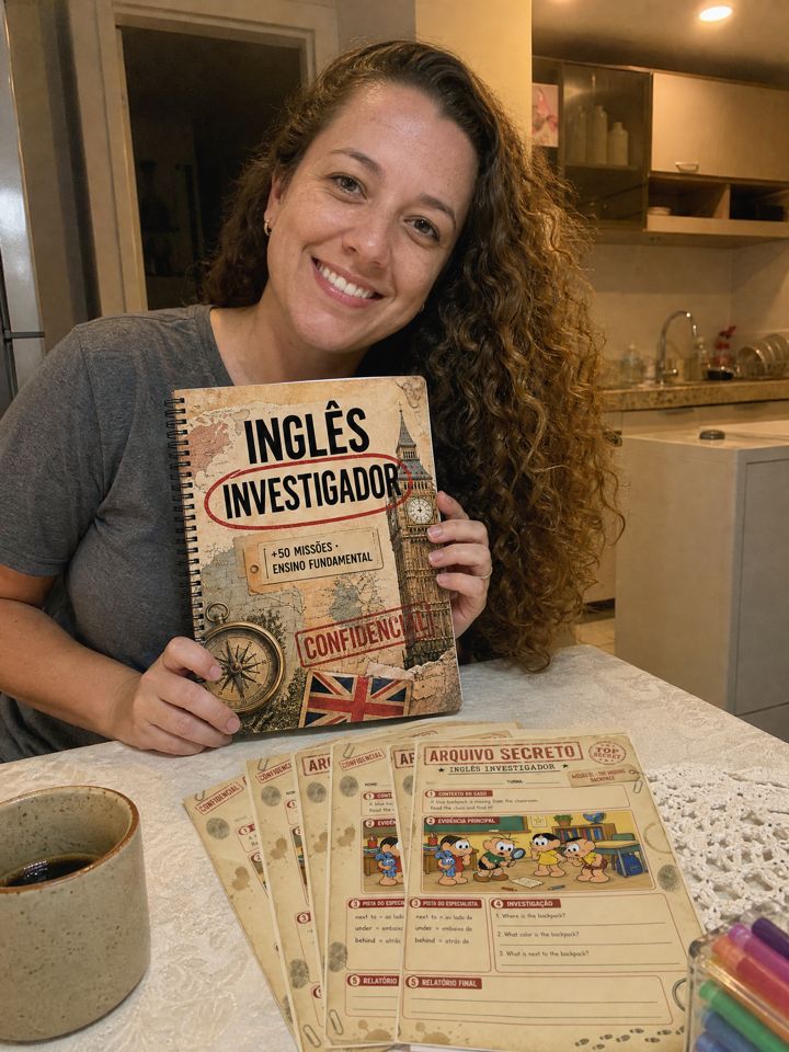 Juliana Martins mostrando o kit Inglês Investigador
