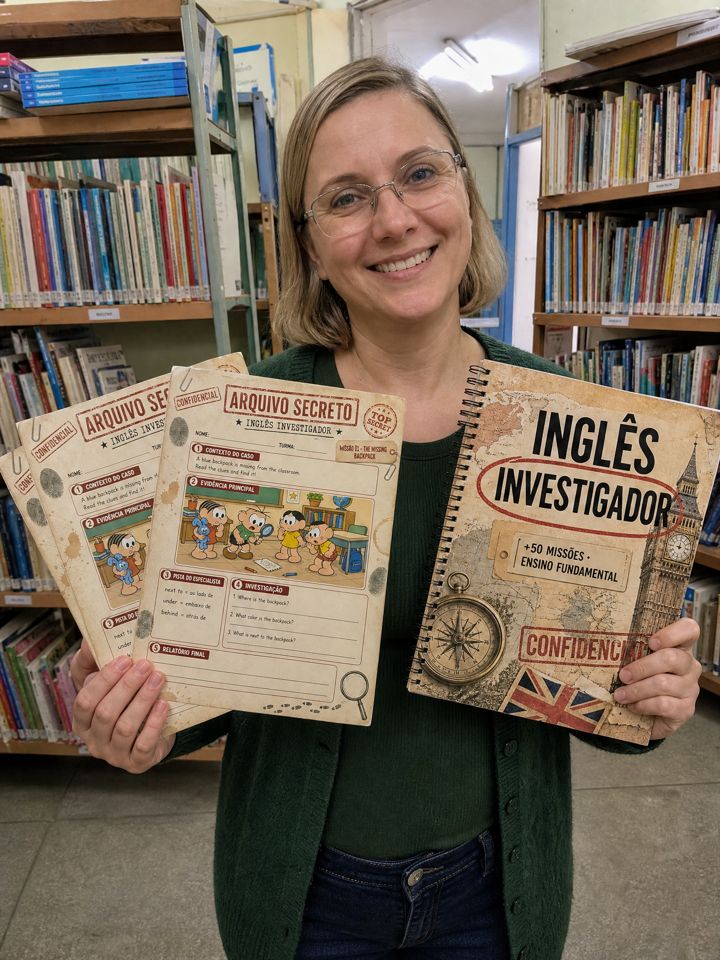Renata Alves mostrando o kit Inglês Investigador