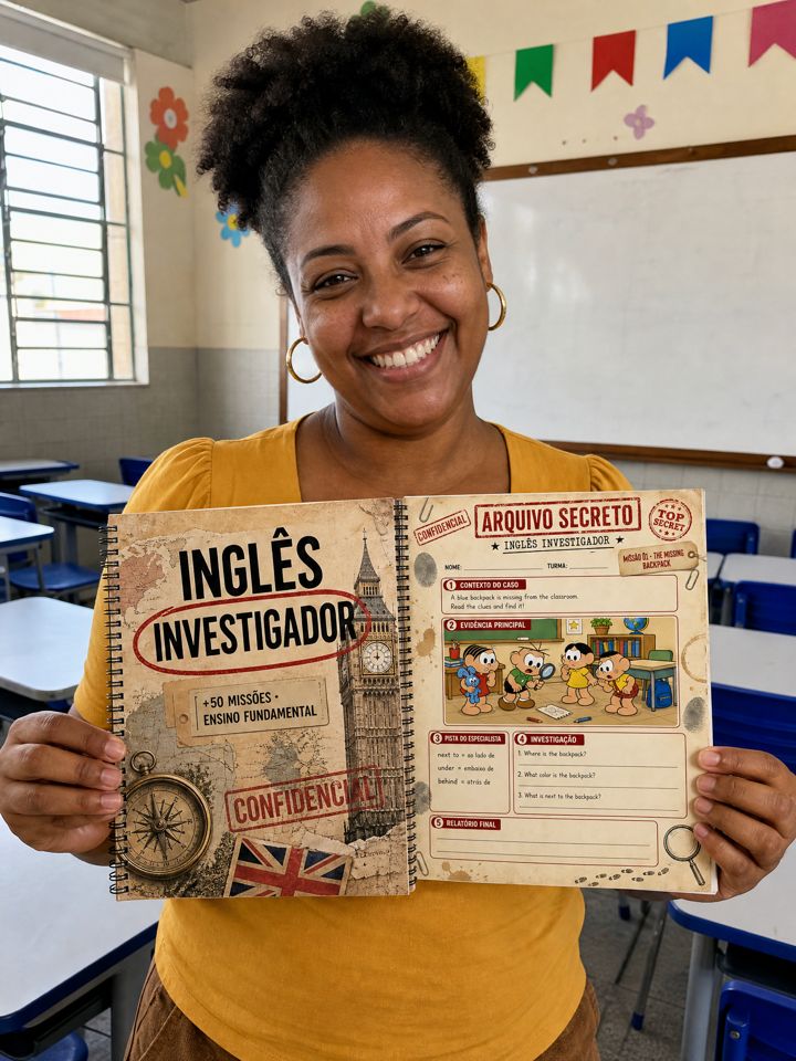 Carla Mendes mostrando o kit Inglês Investigador