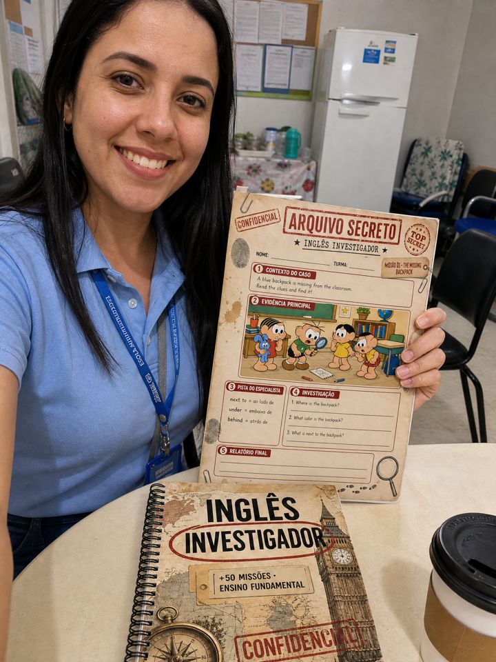 Aline Costa mostrando o kit Inglês Investigador